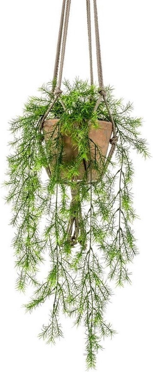 Bellatio Flowers & Plants Kunsthangplant - Krulvaren - 75 cm - Oude Terracotta Pot - Hangpot Groen