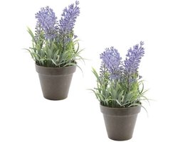Bellatio Kunstplant - 2x stuks - lavendel - paars - 17 cm - in pot - lavandula
