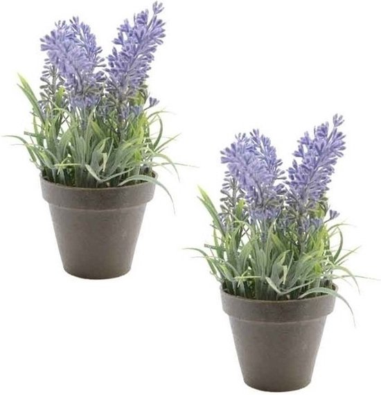 2x Groene/paarse Lavandula/lavendel kunstplanten 17 cm in zwarte plastic pot - Kunstplanten/nepplanten
