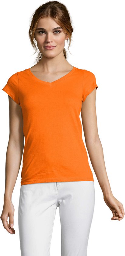 Set 2 pièces t-shirt femme col V orange 100% coton slimfit - Vêtements femme chemises, taille : 38 (M)