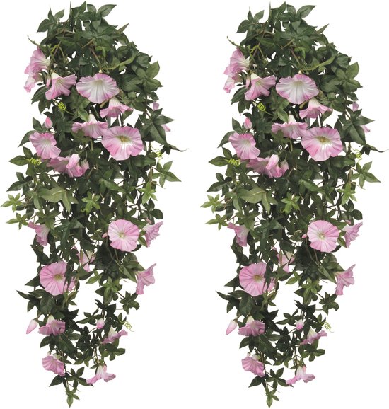 2x stuks groene Petunia kunstplant met lichtroze bloemen 80 cm - Kunstplanten/nepplanten hangplanten