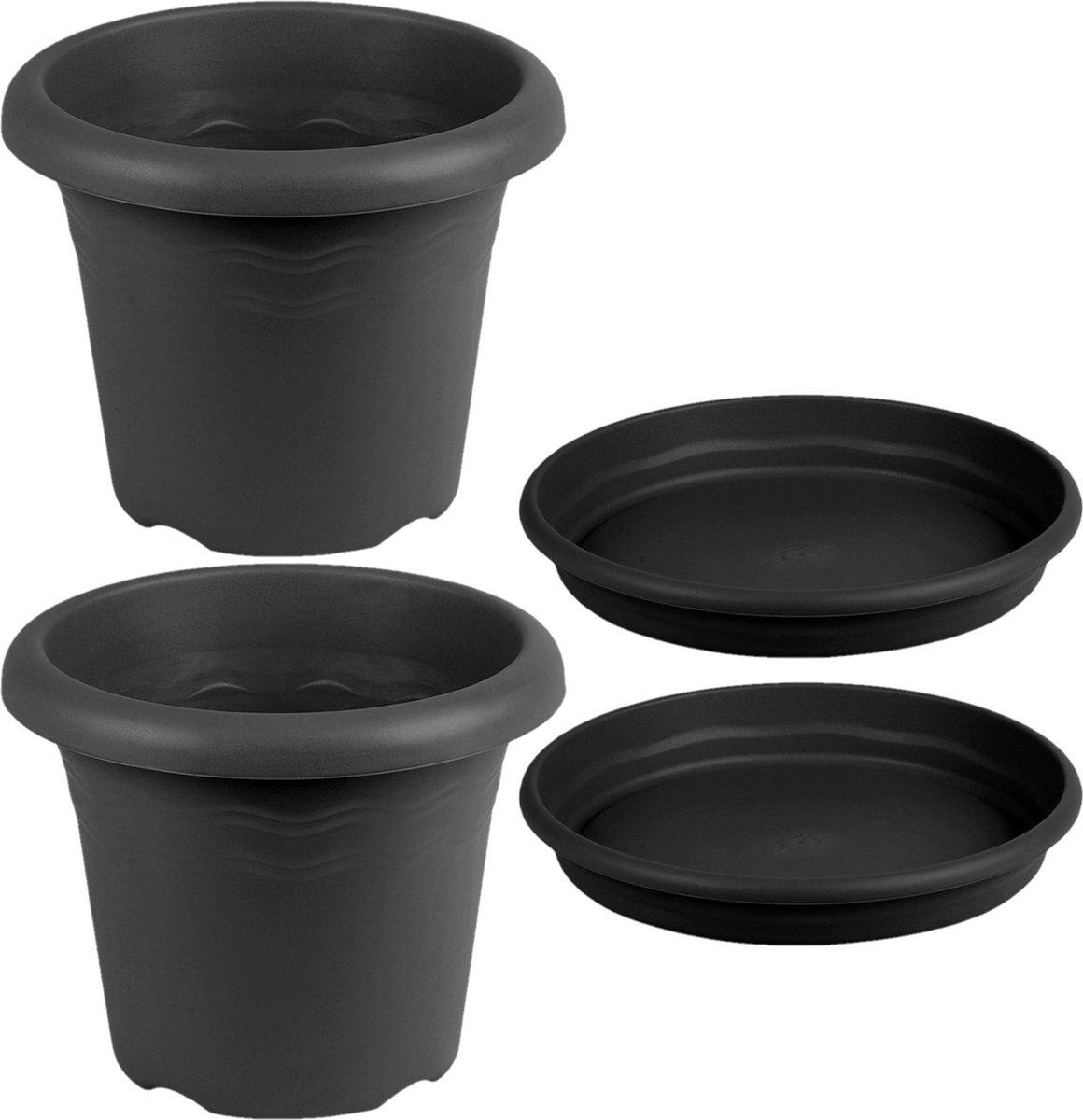 2x stuks ronde plantenpotten antraciet grijs met opvangschaal met diameter 22 cm - Kunststof - Buiten gebruik