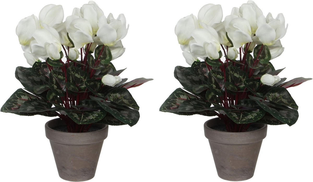 Mica Decorations Kunstplant - 2x stuks - cyclaam - wit - in pot - 30 cm - Kunstplanten met bloemen