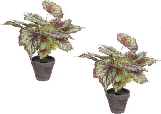 2x stuks begonia kunstplanten rood in grijze sierpot H40 cm x D38 cm - Kunstplanten/nepplanten met bloemen