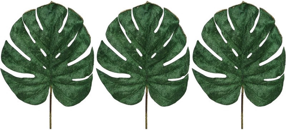 Shoppartners Bellatio flowers & plants Monstera kunsttak - 5x stuks - fluwelen blad - 80 cm - onderhoudsvrij Groen