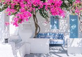 Fotobehang - Vlies Behang - Grieks Huis met Roze Bloemen - 416 x 254 cm
