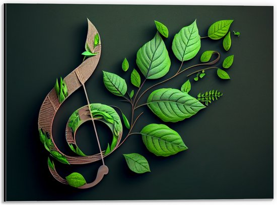 Dibond - Muzieknoot Versierd met Groene Bladeren - 40x30 cm Foto op Aluminium (Wanddecoratie van metaal)