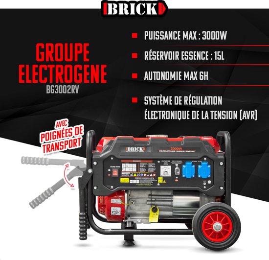 BRICK - Generator - 3000W - Met 2 wielen - 2 Stekkers - AVR - Benzine - Brick