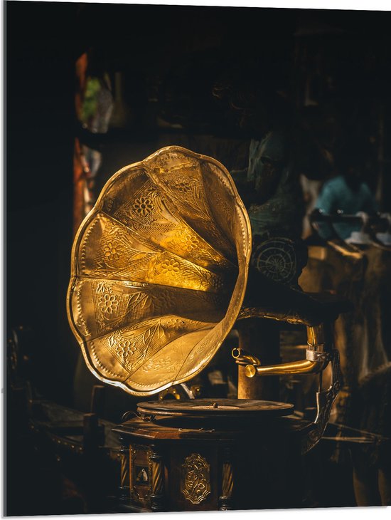 Acrylglas - Gouden Glimmende Grammofoon - 60x80 cm Foto op Acrylglas (Wanddecoratie op Acrylaat)