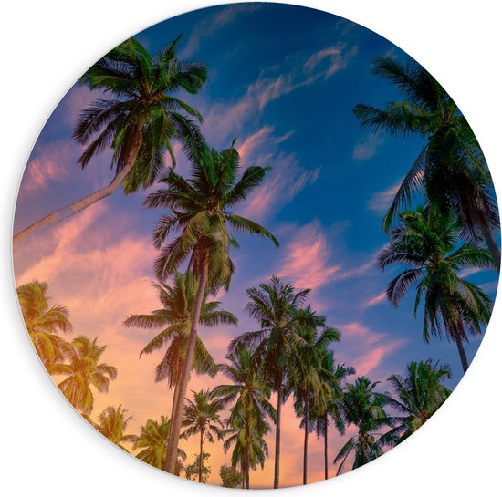 PVC Schuimplaat Muurcirkel - Onderaanzicht van Groep Kokosnoot Palmbomen onder Roze Lucht - 90x90 cm Foto op Muurcirkel (met ophangsysteem)