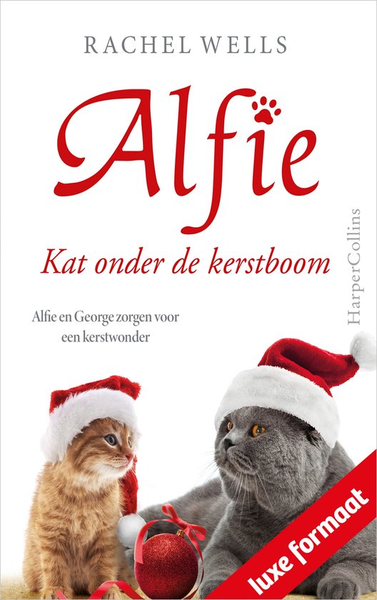 Een roodharige kitten en een grijze kat met kerstmutsen naast een kerstbal. Luxe formaat.