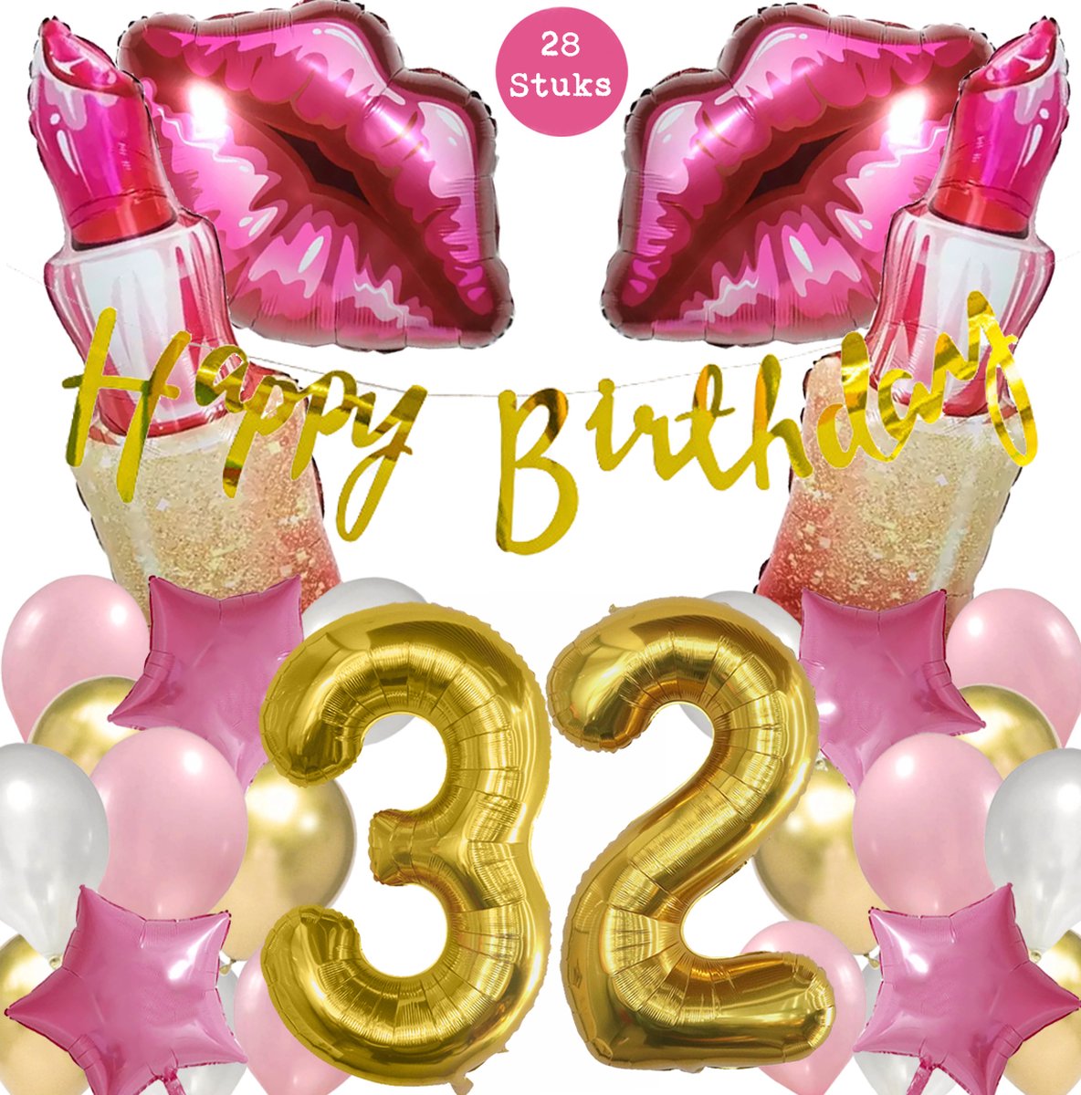 Snoes Mega Beauty Helium Ballonnen Set 32 Jaar - Roze Helium Folieballonnen - Slinger Happy Birthday Goud