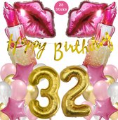 Snoes Mega Beauty Helium Ballonnen Set 32 Jaar - Roze Helium Folieballonnen - Slinger Happy Birthday Goud