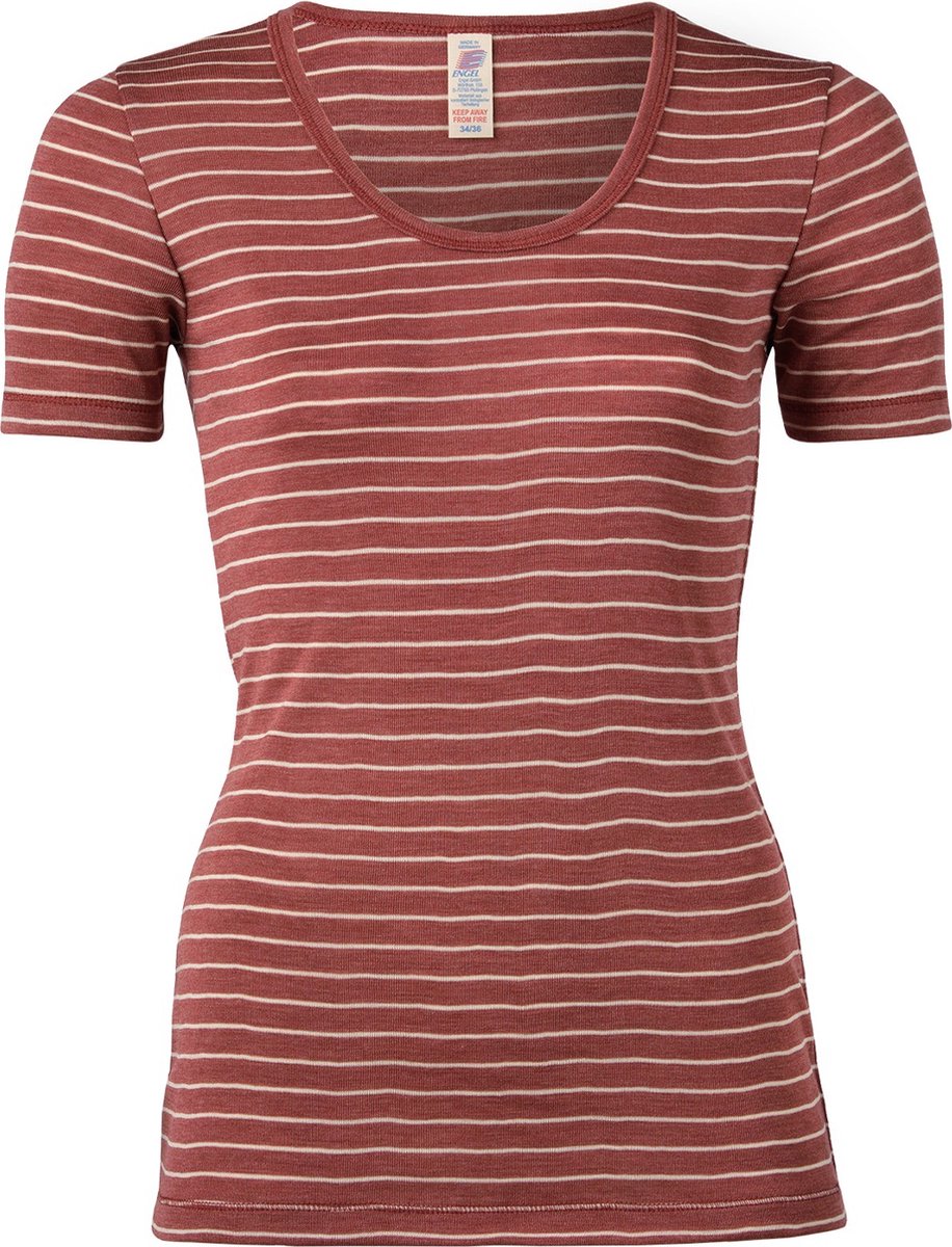 Engel Natur Dames T-shirt Zijde - Merino Wol GOTS Engel Natur Koperrood Gestreept 46/48(XL)