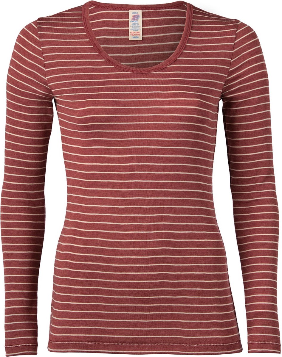 Engel Natur Dames Shirt Lange Mouw Zijde - Merino Wol GOTS Koperrood Gestreept 38/40M