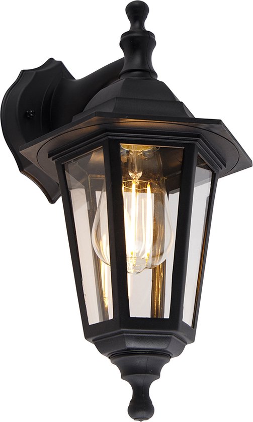 Zwarte klassieke buitenwandlamp met een gloeilamp en glazen zijkanten.