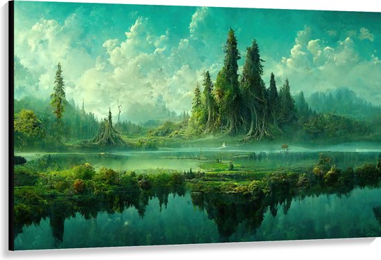 Canvas - Natuurrijk Landschap aan het Water - 150x100 cm Foto op Canvas Schilderij (Wanddecoratie op Canvas)
