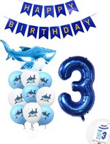 Cijferballon 3 Blauw - Haai - Shark - Ballonnen Pluspakket - Slinger Feestvieren - Verjaardag Snoes