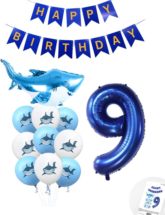 Cijferballon 9 Blauw - Haai - Shark - Ballonnen Pluspakket - Slinger Feestvieren - Verjaardag Snoes