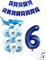 Cijferballon 6 Blauw - Haai - Shark - Ballonnen Pluspakket - Slinger Feestvieren - Verjaardag Snoes