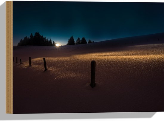 Hout - Landschap - Sneeuw - Paaltjes - Bomen - Zonsondergang - 40x30 cm - 9 mm dik - Foto op Hout (Met Ophangsysteem)