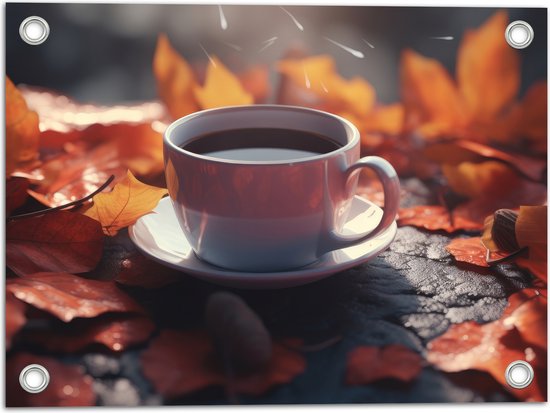 Tuinposter – Verse Kop Koffie tussen Herfstbladeren - 40x30 cm Foto op Tuinposter (wanddecoratie voor buiten en binnen)