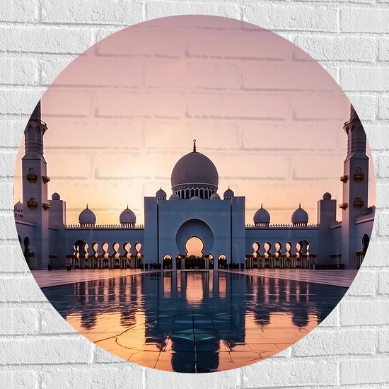 Muursticker Cirkel - Zon Zakkend achter Sjeik Zayed Moskee in Abu Dhabi, Verenigde Arabische Emiraten - 90x90 cm Foto op Muursticker