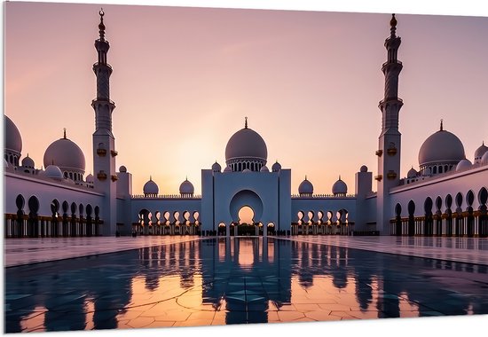 Acrylglas - Zon Zakkend achter Sjeik Zayed Moskee in Abu Dhabi, Verenigde Arabische Emiraten - 150x100 cm Foto op Acrylglas (Wanddecoratie op Acrylaat)