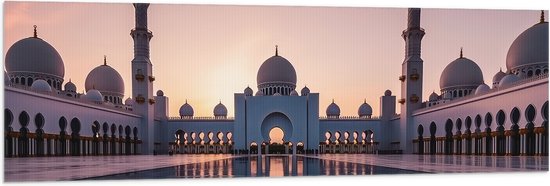 Vlag - Zon Zakkend achter Sjeik Zayed Moskee in Abu Dhabi, Verenigde Arabische Emiraten - 150x50 cm Foto op Polyester Vlag