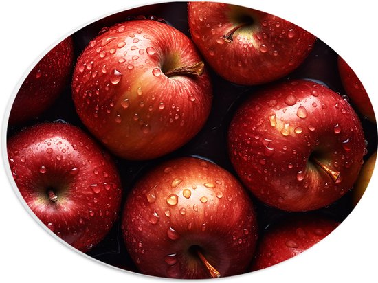 PVC Schuimplaat Ovaal - Verse Rode Appels onder de Waterdruppels - 28x21 cm Foto op Ovaal (Met Ophangsysteem)