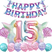 Snoes - Cijfer Folie Ballon - 15 Jaar Ballon - Zeemeermin Mermaid Mega pakket inclusief Slinger - Verjaardag - Meisje - Birthday Girl - Happy Birthday - Verjaardag 15 Jaar