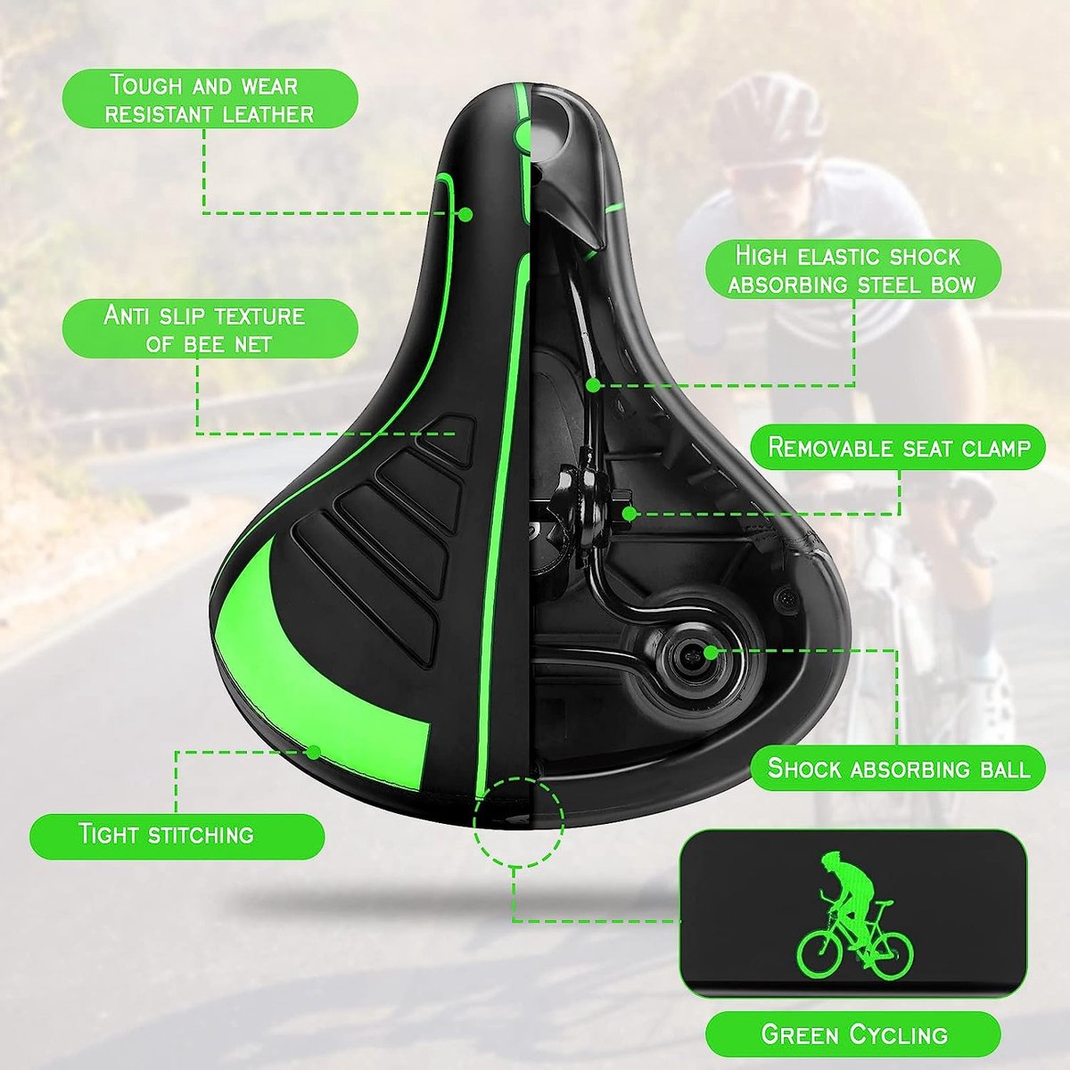 LERWAY Fietszadel, MTB, MTB-fietszadel, zwart, fietsstoel, BMX, ademend, fietszadel van PU-leer, waterdicht, comfortabel, hol, reflecterend, fiets saddle