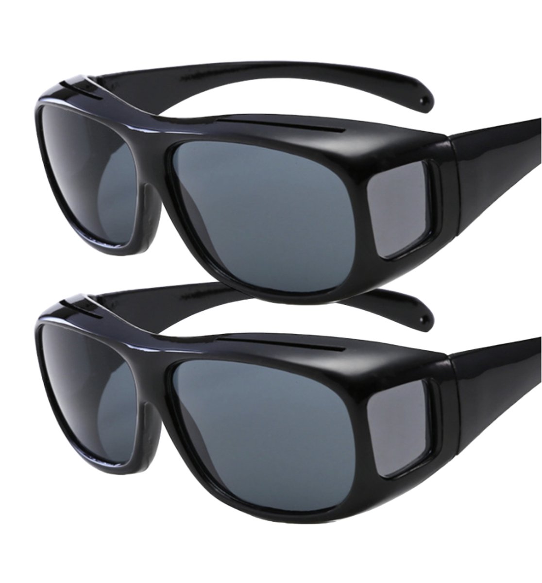 2x PD® Overzetzonnebril Universeel - Gepolariseerde lens, Unisex, Zwarte glazen, Geschikt voor dames en heren, Montuur breedte 150mm
