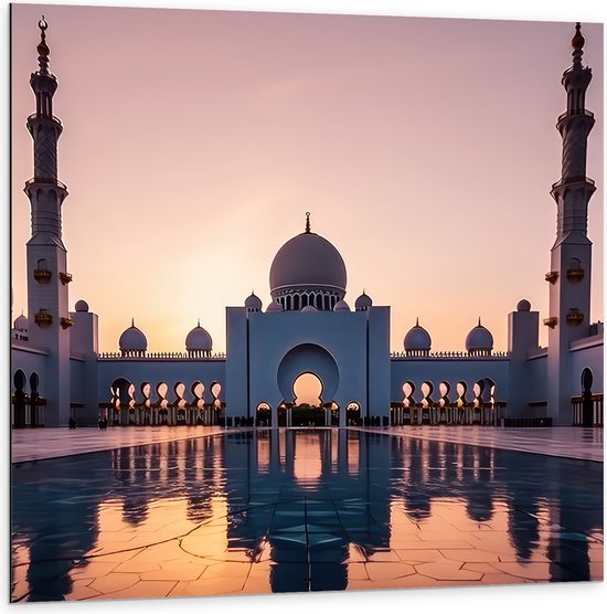 Dibond - Zon Zakkend achter Sjeik Zayed Moskee in Abu Dhabi, Verenigde Arabische Emiraten - 100x100 cm Foto op Aluminium (Wanddecoratie van metaal)