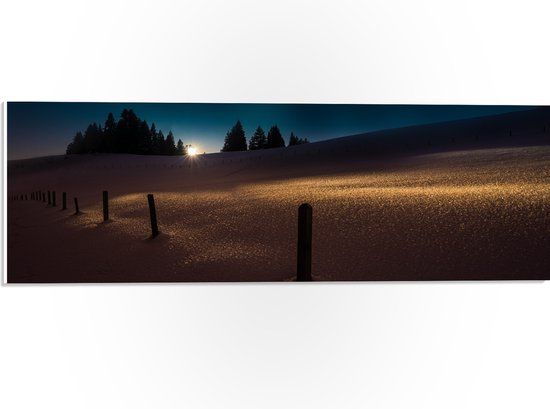 PVC Schuimplaat- Landschap - Sneeuw - Paaltjes - Bomen - Zonsondergang - 60x20 cm Foto op PVC Schuimplaat