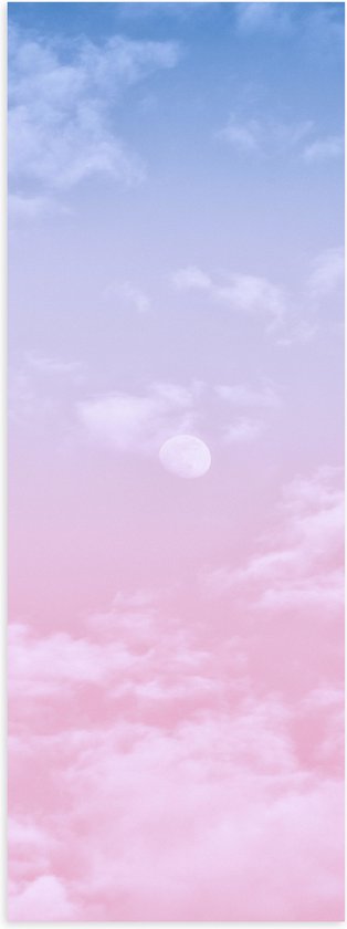 Poster (Mat) - Lucht - Wolken - Maan - Blauw - Roze - 20x60 cm Foto op Posterpapier met een Matte look