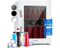 Klarstein Drankkoeler minikoelkast met glazen deur, minikoelkast voor op de kamer, kleine met verstelbare schappen, kleine koelkast van 33 liter, stille koelkast voor binnen en buiten - Drankenkoelkast - Touch - Wit - Drankkoelkast