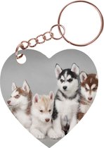 Sleutelhanger hartje 5x5cm - Husky Pups op Rij