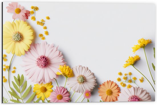 Dibond - Bloemen in Pastelkleuren tegen Witte Achtergrond - 60x40 cm Foto op Aluminium (Met Ophangsysteem)