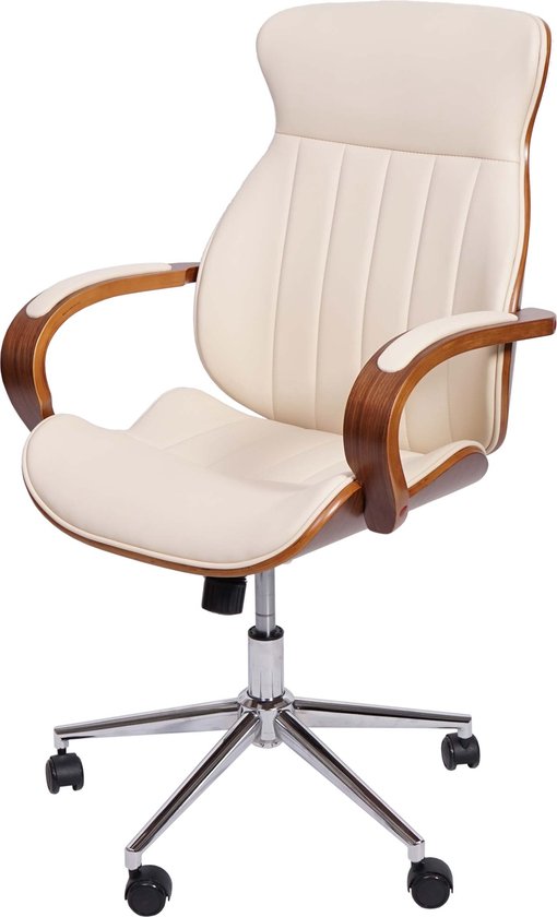 Bureaustoel MCW-H39, bureaustoel draaistoel directiestoel, gebogen notenhout-look kunstleer ~ crème