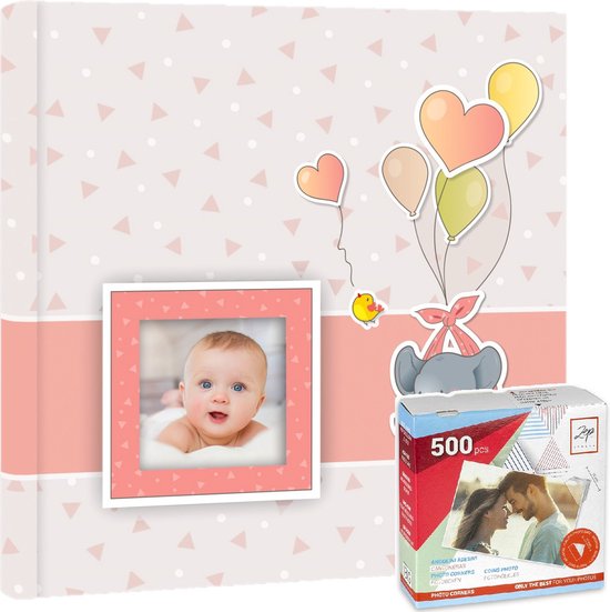 Fotoboek/fotoalbum Pierre baby meisje met 30 paginas roze 32 x 32 x 3,5 cm inclusief fotoplakkers/stickers