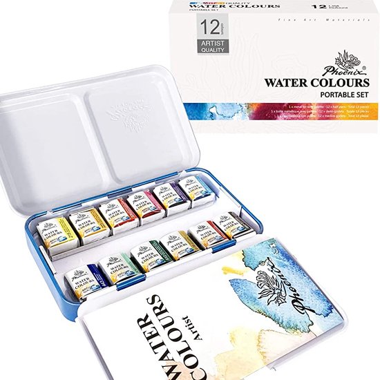 Phoenix - Aquarelverf - Set van 12 halve napjes in metalen doos
