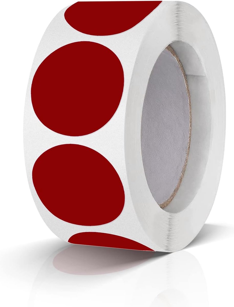 Set van 500 donkerrode ronde kleurcode stickers, 25 mm, op rol