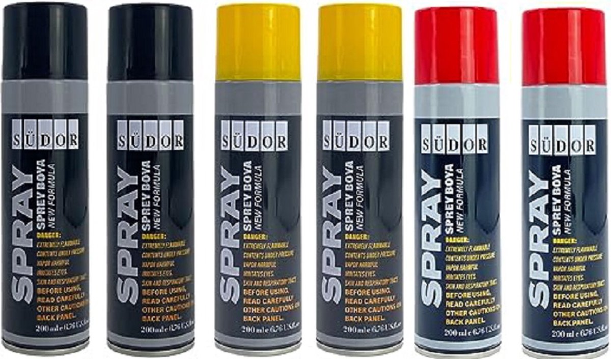 Südor Spuitverf Set 6x200 ml Sneldrogende graffitiverf , Spuitlak , Spuitbus , Zwart + Rood + Geel spuitverven voor hout, steen, muur, metaal, glas, gips, keramiek