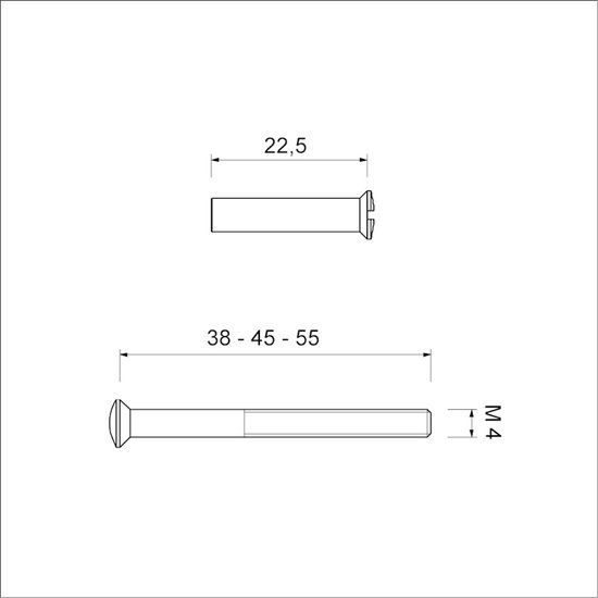 Technische tekening van een M4 patentbout met afmetingen 38-45-55 mm.