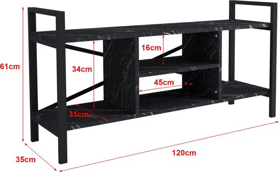 TV Kast Adena - TV meubel - TV meubel - 61x120x35 cm - Marmer Zwart en Zwart - Spaanplaat en Metaal - Met Plank