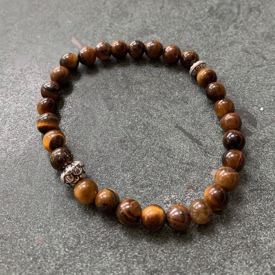 Armband - natuursteen - Tijgeroog - Tiger eye - 18 cm 6 mm - zilverkleurige elementen