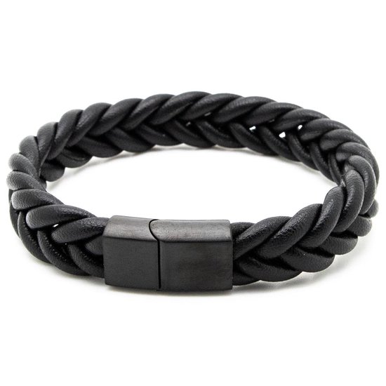 Sorprese armband - Premium - armband heren - leer - zwart - 23 cm - zwarte sluiting - cadeau - Model K
