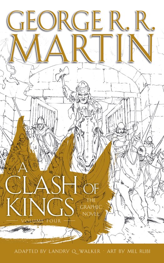 Boekomslag van 'A Clash of Kings Volume Four', met een tekening van ridders te paard in gevecht.