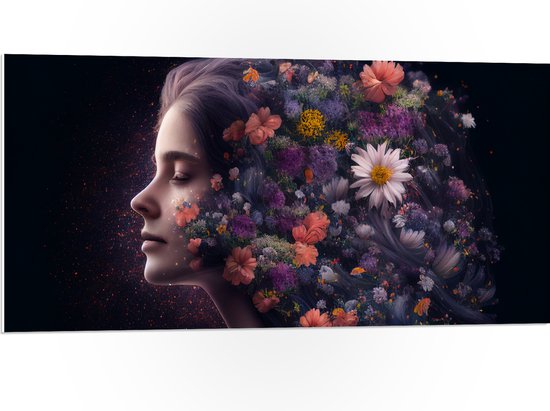 PVC Schuimplaat- Zijaanzicht van Vrouw met Kapsel van Bloemen tegen Zwarte Achtergrond - 100x50 cm Foto op PVC Schuimplaat